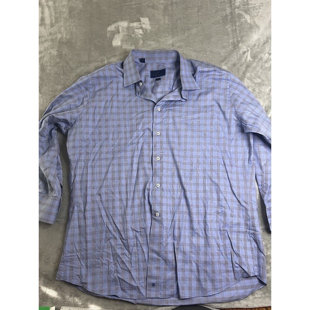 David Donahue Mens Shirt 18 34/35 Blue Plaid Long Sleeve Button Front